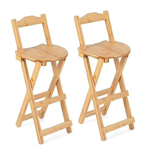 Juego de 2 taburetes de bar plegables de bambú, 63 cm de alto, con respaldo y reposapiés, ideales para cocina y uso al aire libre
