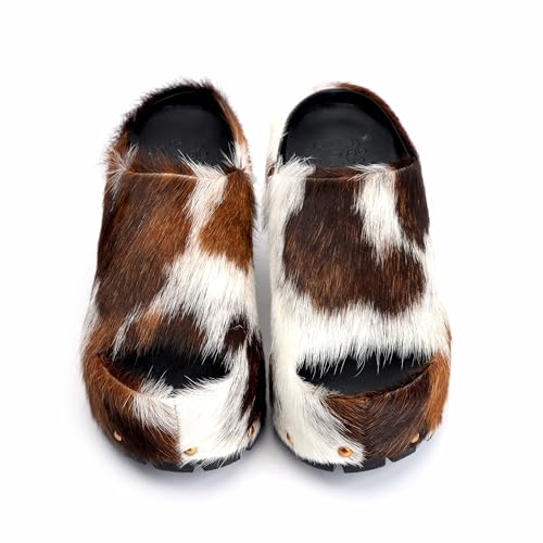 Image of XOBZJH Long-Hair Calfskin Chunky Clog Slide for Women - Memory Foam Luxury Slip on Shoes Women's Mules & Platform Clogs,Designer Mules for Women 2025