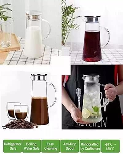 Image of 1300 ML (Set of 1) Glass Water Jug with Lid Glass Pitcher Hot Water Jug Milk Carafe Glass Water Jug for Dining Table