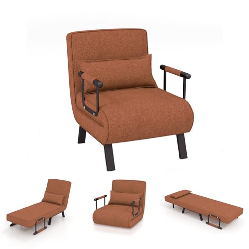 COSTWAY Sofá Cama Convertible, Silla de Dormir Individual Tri-Fold con Respaldo Ajustable de 6 Posiciones, Cojín Desmontable y Asiento Tapizado, Estructura Metálica Plegable para Hogar (Marrón)