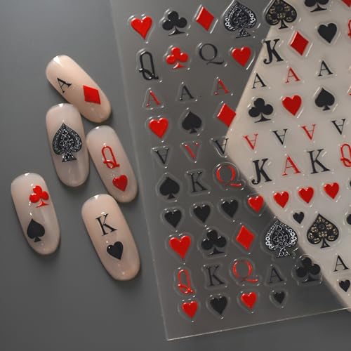 5D Embossed Black Red Nail Art Stickers Playing Card Nail Stickers for Nail Art Santa Claus Red Hearts Spades Nail Decals Self Adhesive Nails Design Supplies for Women Girls DIY Manicure