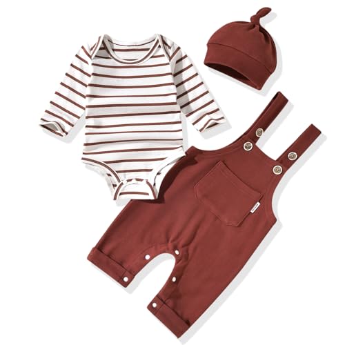 Image of Unutiylo Baby Boy Outfits Long Sleeve Romper Suspenders Overall Pants Set Fall Winter Clothes With Hat