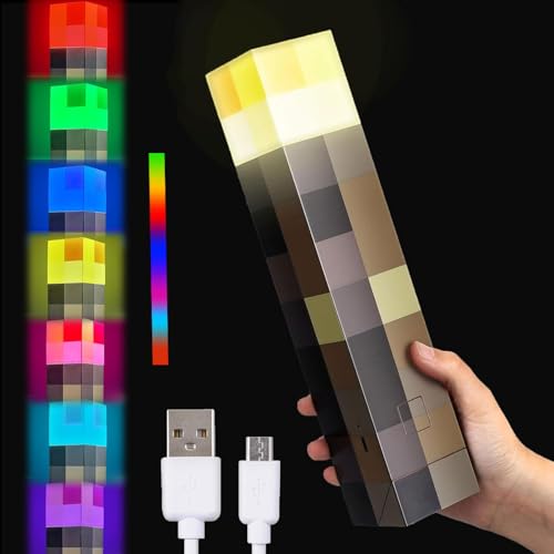 Neioaas Light-up Wall Torch Light - 7-Color USB Rechargeable Nightstand Torch Table Lamp,28cm Hand Held & Wall Mountable Flashlight Night Light for Living Room Bedroom Gaming Room Role-Playing