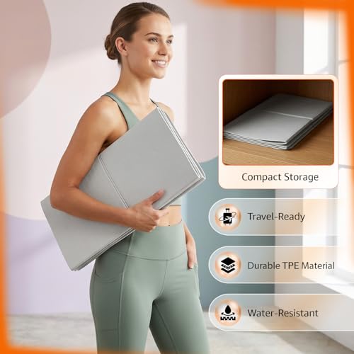 Image of Amazon Basics Portable Folding TPE Yoga Mat with Carry Bag | 5 mm Thick | Anti-Slip Grippy Surface | Foldable & Travel-Friendly Design | Lightweight Exercise Mat for Yoga, Pilates, Gym & Home Workouts | 180 x 60 cm