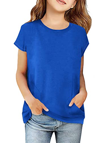 Haloumoning Girls Casual Short Sleeve T Shirts Color Block Tee Blouse Kids Loose Tunic Tops With Pockets Size 4-15 B-Blue #TOP21