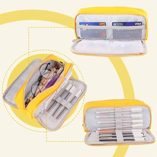 Image of Canvas School Bag Pencil Case, 3 Layer 6 Compartment Large Capacity, Aesthetic Pencil Pouch for Stationary, Cute Stationery for Kids, Pencil Case for Girls & Boys (Special Yellow)