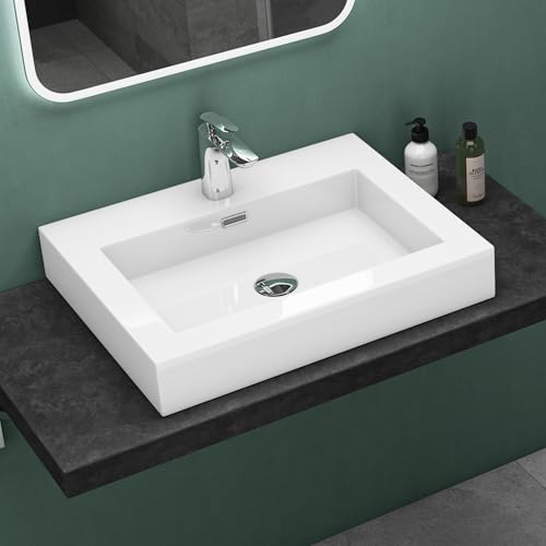 Mai & Mai Vasque à poser lavabo suspendu blanc 60cm résine rectangulaire avec perçage pour robinet lave mains avec trop-plein Col18 60x48x10cm