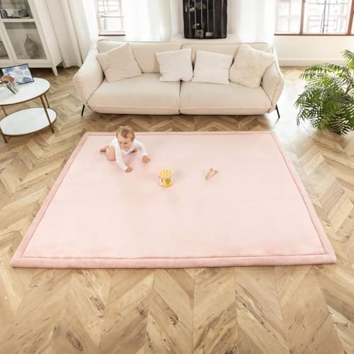 Image of Stylish Coral Velvet Baby Play Mat 60 inch x 80 inch Pink - Soft 1 inch Thick High-Density Memory Foam Nursery Rug - Playmat for Floor with Non-Slip Backing for Crawling & Playing - Non-Toxic, odorless Area Rug