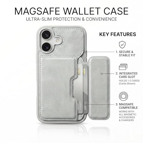 Image of amazon basics Luxury Vegan Leather Back Cover for iPhone 16 | Built-in Card Holder Slot | Integrated Mobile Stand | Slim Shockproof Protective Case with Stitched Finish - Gray