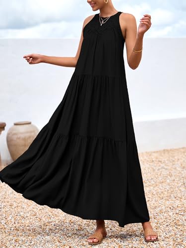 Image of BTFBM Halter Summer Dresses for Women 2026 Casual Spring Hollow Out Sleeveless Boho Sundresses Beach Vacation Maxi Dress