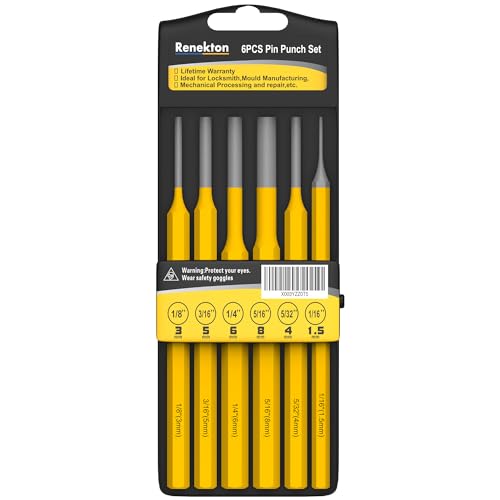 Renekton 6-Piece Pin Punch Set (1/16 1/8 5/32 3/16 1/4 5/16) - Heavy Duty Tool for Watch Repair, Automotive, Jewelry & Craft, Chrome Vanadium Steel