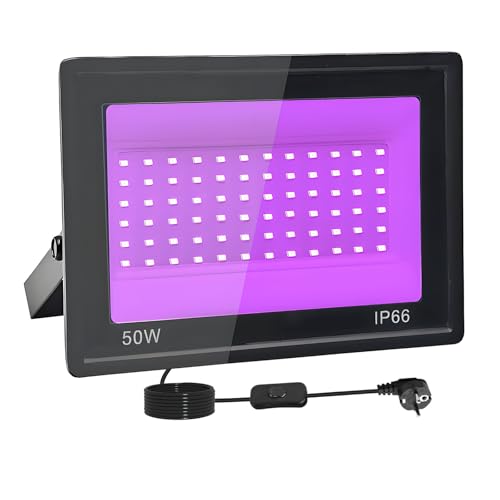 Tkdaksy 50 W LED luz preta, IP66 impermeável holofote UV ultravioleta, luz preta ultravioleta com interruptor para Halloween, pintura corporal, néon, DJ, Black light Party, discoteca