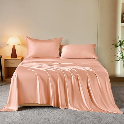 THXSILK Mulberry Silk Queen Bed Sheets Set 4 Pieces, Peachy Pink