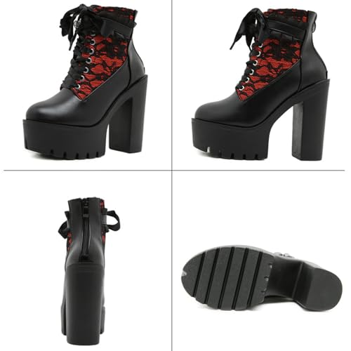 Women's Leather Lace Splicing Platform Chunky Heels Gothic Ankle Boots Classic Round Toe Lace up Back Zipper Fashion Thick High Heel Combat Boots Comfortable Rave Boots Punk Booties3