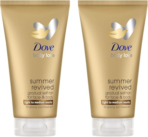 Dove Selbstbräunungslotion für Gesicht und Körper Summer Revived, Für Helle und Mittlere Hauttypen, Stufenweise Bräunung, Natürliches Finish, 72H Feuchtigkeit, Mit Aloe Vera Extrakt, 2x 75ml