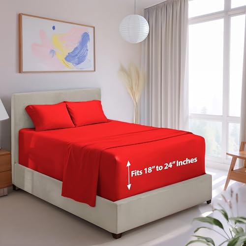 Image of Hearth & Harbor Extra Deep Pocket Bed Sheet Set - 4 Piece Hotel Luxury Sheets Fits Up to 24 inch Thick Mattress - California King - Cherry Red