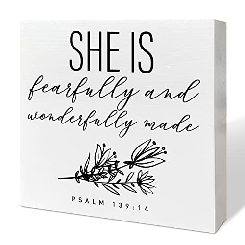 Image of Nursery Desk Wooden Box Sign Decor for Girl, Fearfully and Wonderfully Made, Nursery Scripture Decor Baby Kid Children Room Desk Bible Verse Religious Decoration Baby Shower Baptism Christian Gifts