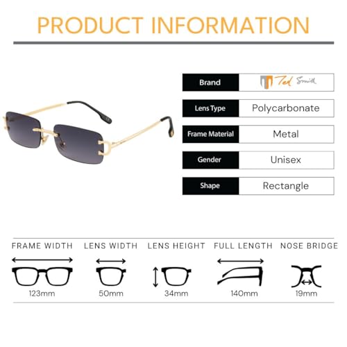 Image of Ted Smith Mens Womens Polycarbonate Uv Protection Metal Rectangular Sunglasses