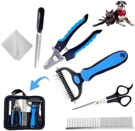 6 in 1 Professional Dog Grooming kit for Dog&Cat | Double Sided Dog Shedding Brush and Undercoat Rake | Cat Nail Clippers and Trimmers | Pet Grooming Scissors