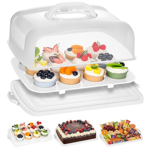 VGOODALL Cake Carrier, 12 Capacity Large Cupcake Holder, 3-in-1 Rectangular Cake Containers for Pies Muffin Candies Fruits Snacks, Dessert Storage Box for Parties, Picnics, Baking(14×10.8×5)