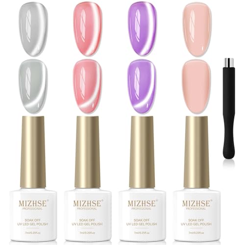 MIZHSE Moonlight Cat Eye Gel Polish Set, Magnetic Gel Polish and Sheer Nude Nail Kit with 1 Magnet Stick, Glass Shiny Effect Silver Pink Purple Soak Off Nail Art Salon Manicure Home Gift