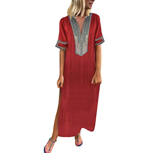 Kunfang Damen Kleider Sommer Kurzarm Casual Baggy Druck Arbeit Strand Maxi Tunika Kleid mit V-Ausschnitt Kaftan Boho Party Kleider, rot, XX-Large Cover