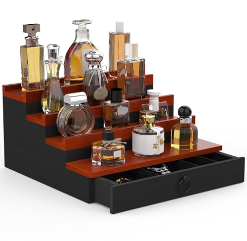 upcessory Cologne Organizer for Men, 4 Tier Perfume Stand, Cologne Shelf with Drawer and Hidden Compartment Perfume Display Holder, A Gift for Men