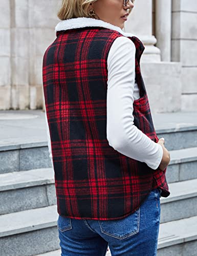Zilcremo Women Winter Buffalo Plaid Jacket Vest Padding Vests Sherpa Fleece Zip Up Quilted Gilet Coat Red S #TOP3