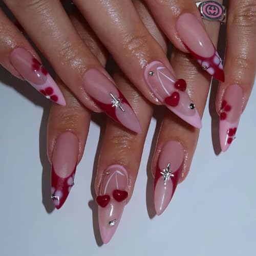 BABALAL Cherry Press On Fake Nails Acrylic Nails Long Stiletto Shape Pink Red 24pcs Glossy Reusable False Nails with Glue