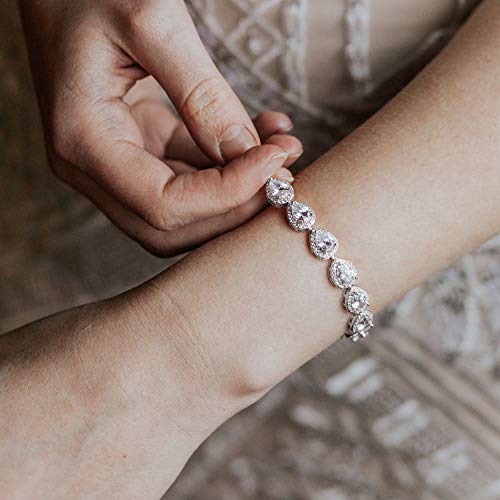 SWEETV Teardrop Wedding Bridal Bracelets for Brides, Crystal Rhinestone Cubic Zirconia Tennis Bracelets for Women Prom, Bridal Jewelry3