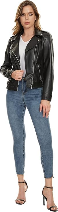 Image of Women Biker Faux Leather Jacket Vintage Casual Outfit