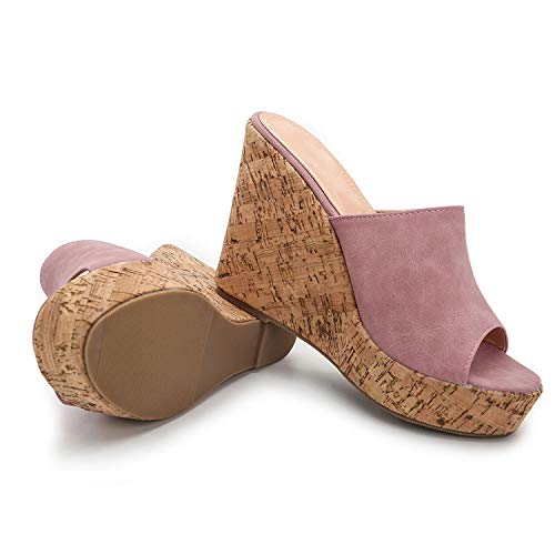 Image of LEHOOR Cork Wedge Mules for Women Platform Slide Sandals Peep Toe, High Wedge 4.5Inch Slippers Microfiber Suede 6-11 M US