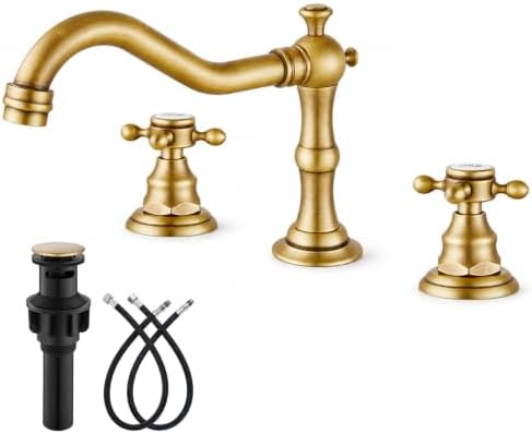 Banyo Lavabo Bataryası Yaygın Çift Çapraz Düğmeler Antik Pirinç 3 Delikli Karıştırma Musluk Güverte Montajı Açılır Tahliye — Amazon ürün görseli