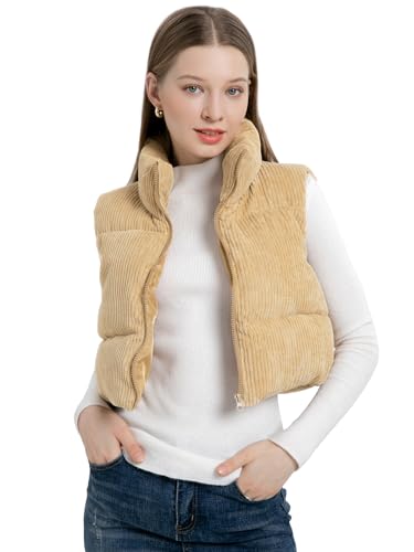 Cropped Puffer Vest Women with Pockets Short Corduroy Vest Sleeveless Stand Collar Padded Puffy Outerwear3