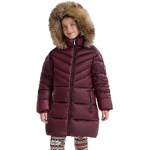 SOLOCOTE Girls Puffer Winter Coat Fake-Down Fur Hood Heavyweight Water-Resistant Jacket Wine 13-14Y Cover