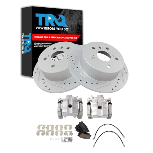 Image of TRQ Performance Rear Brake Pad and Rotor Set Ceramic Slotted Drilled Coated Rotors Calipers Compatible with 2013-2015 Toyota Avalon 2012-2017 Camry