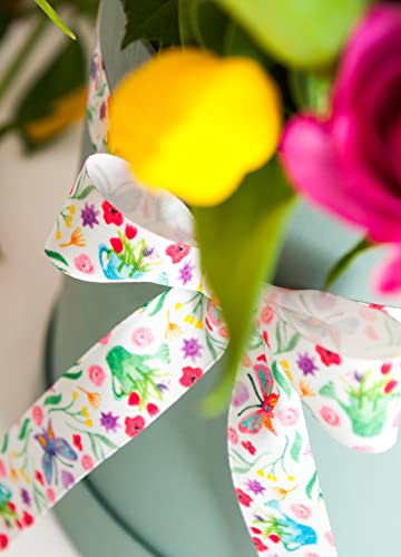 Berisfords Taffeta Patterned Ribbon ‘Flower Patch’ Multicolour on White 25mm Wide 25m Reel, White/Multi, 25mm x 25m - Image 2