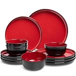 ZAROCRUS 12-piece Dinnerware Sets Service for 4 - Dinner Plate, Dessert Plates, Cereal Bowls, Lightweight Melamine Plates and Bowls Sets, RV, Kitchen Dishes for Outdoor Use, Red and Black