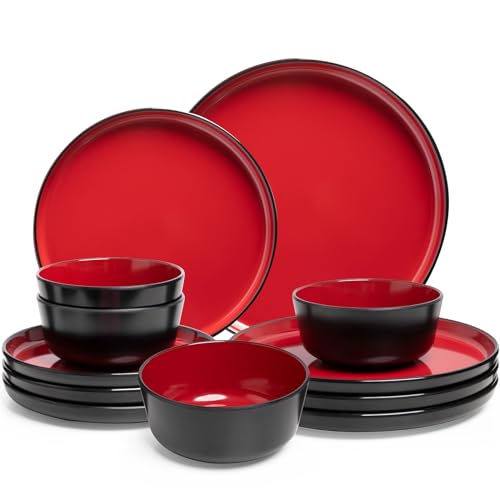 ZAROCRUS 12-piece Dinnerware Sets Service for 4 - Dinner Plate, Dessert Plates, Cereal Bowls, Lightweight Melamine Plates and Bowls Sets, RV, Kitchen Dishes for Outdoor Use, Red and Black