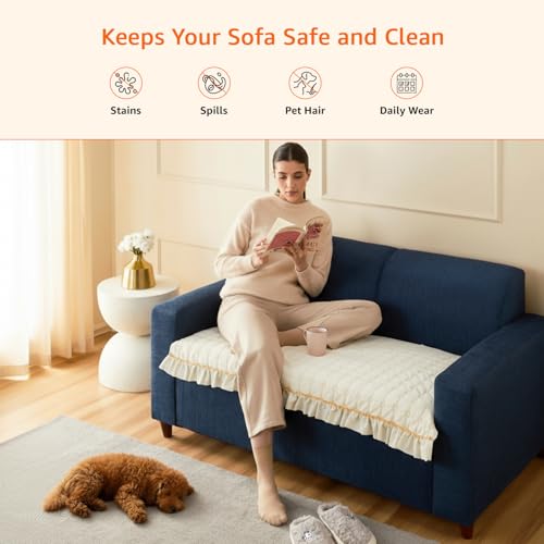 Image of Amazon Basics Quilted Sofa Cover for Two Seater, Modern Grid Pattern, Non-Slip Sofa Pad, 70x120 cm, Soft Silicone Grip Dots, 100% Polyester, Machine Washable - Off-White