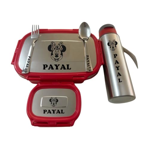 Image of Ncgifts Personalized Customized Lunch Box | Name and Character Engraved | Stainless Steel Insulated Tiffin with Bottle | Perfect for School, Birthday Gifts. (Red)