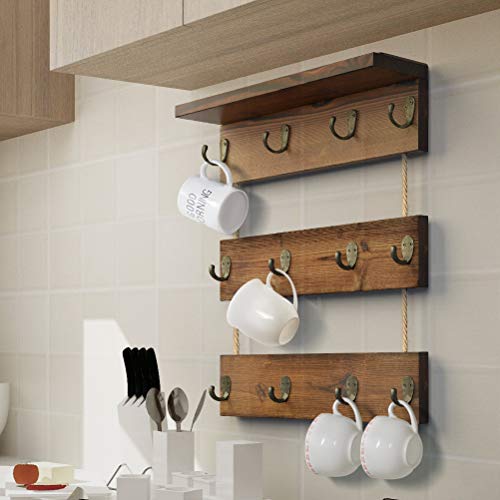 Kolymax 12 Hooks Coffee Cup Holder Solid Wood Mug Rack With Shelf Coffee Bar Mug Display Rustic Kitchen Storage Rack For Farmhouse Decor 3 Tie #TOP5