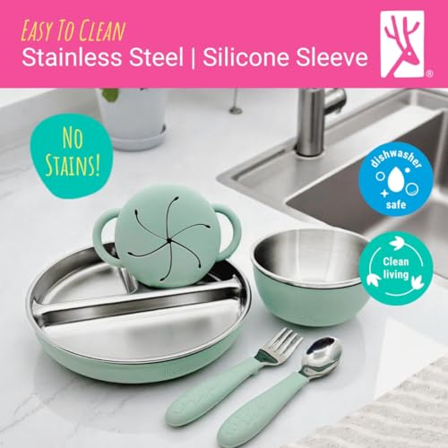 Image of Elk and Friends Kids Stainless Steel Mealtime Bundle | Plates, Bowls, Snack Cups + Toddler Utensils | Silicone Sleeves + Travel Storage Lids | For Meals + Snacks | Dishwasher Safe