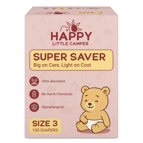 Image of Happy Little Camper Super Saver Diapers, Size 3, 100 Count | Budget-Friendly Disposable Baby Diapers for Sensitive Skin | Hypoallergenic, Fragrance-Free, Ultra Absorbent