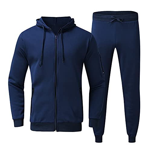Hoodie Tracksuit Men’s Autumn 2-Piece Sets Solid Hooded Long Sleeve Top Blouse And Long Pants Suit Navy #TOP30