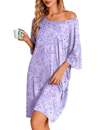 Image of Ekouaer Plus Size Nightgowns for Women Oversized Sleep Shirt Short Sleeve Nightshirt T-Shirt Dress Sleepwear, Purple Heart, Large
