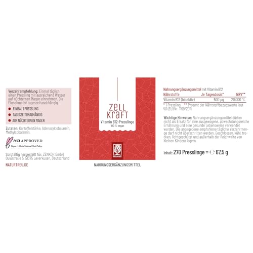 Vitamin B12 Vegan - 500 µg pro Tag - 270 Tabletten für 9 Monate - Beide aktive B12 Formen Adenosyl- & Methylcobalamin - Zellkraft B12 Komplex hochdosiert und laborgeprüft