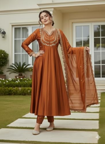 Image of Yashika Women's Silk Blend Embroidered Anarkali Kurta Set with Dupatta | Full Length Ethnic Wear for Women | Wedding