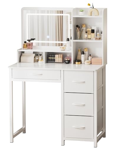 Kitsure Vanity Desk with Mirror & Lights – White Makeup Vanity Table with Large Storage, 4 Fabric Drawers & 3 Lighting Modes, Sturdy Metal Frame Vanity Set for Bedroom, 34" x 17" x 52"
