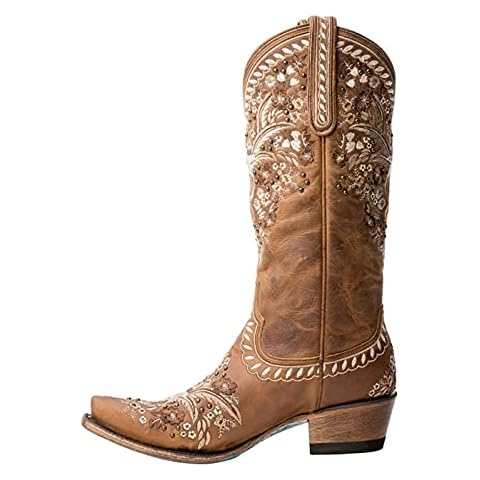 MeiLuSi Cowboy Boots for Women Mid Calf Western Cowgirls Boots Embroidery Pull on Riding Boots Cover